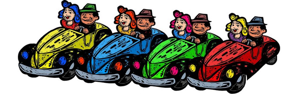 Artwork of couples driving different colored cars.