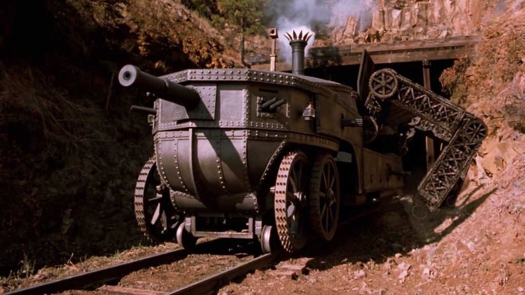 Loveless’ steam-powered tank transforming into a rail car.