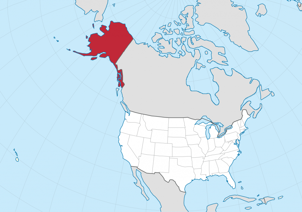 Alaska (red) sits North of the rest of the United States