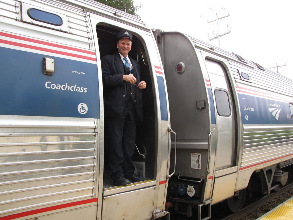 Conductor aboard an Amtrak passenger train