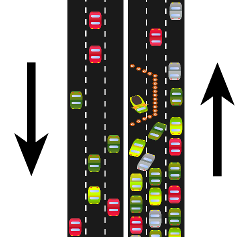 Example of a traffic bottleneck from a car accident