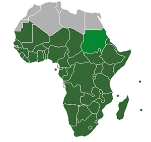 Sub-Saharan Africa is in dark green. Sudan is in lighter green, which is classified as part of North Africa by the UN