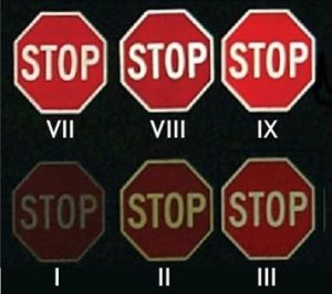 Relative visual comparison of stop signs with different grades of retroreflective sheeting